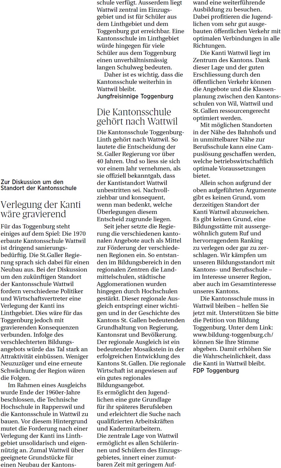 Die Kantonsschule gehört nach Wattwil