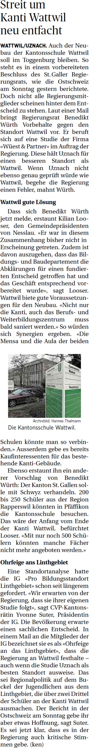 Streit um Kanti Wattwil neu entfacht