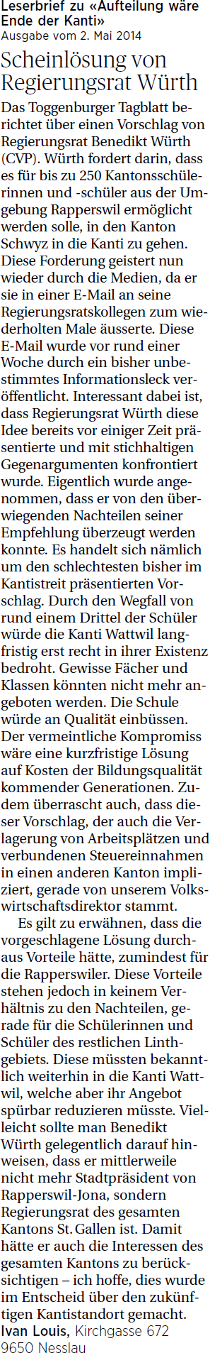 Scheinlösung von Regierungsrat Würth