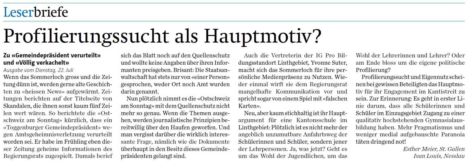 Leserbrief: Profilierungssucht als Hauptmotiv?