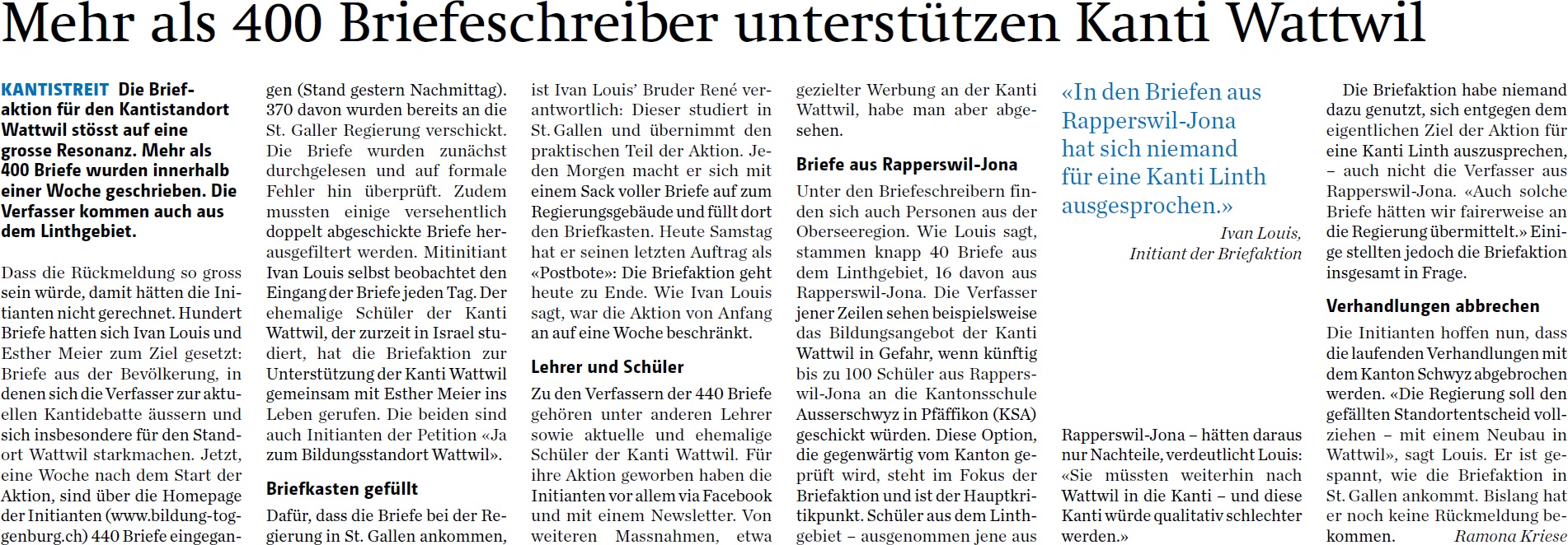 Mehr als 400 Briefeschreiber unterstützen Kanti Wattwil