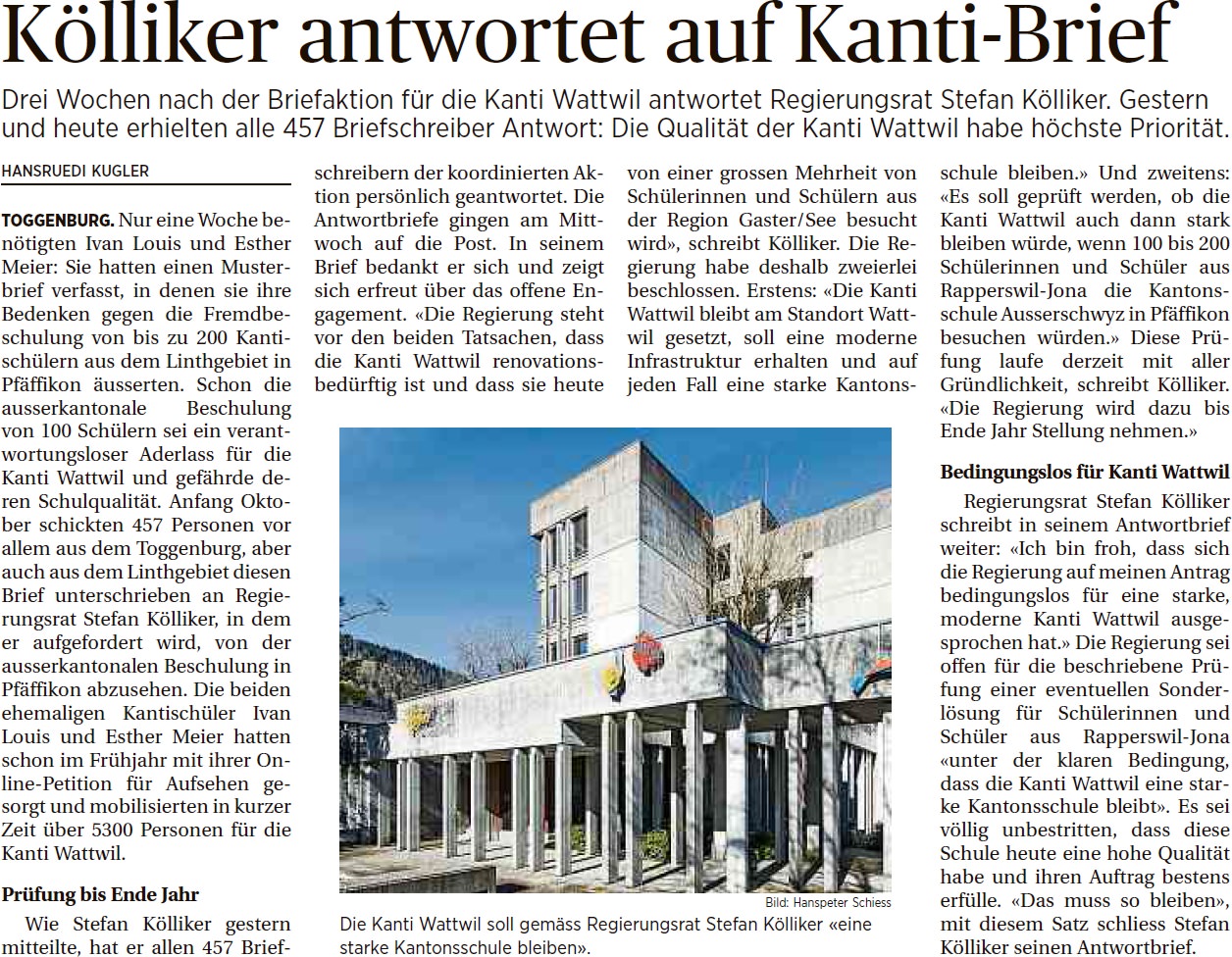 Stefan Kölliker antwortet auf Kanti-Brief
