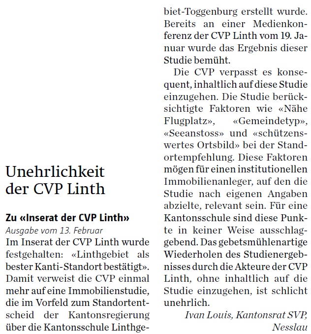 Unehrlichkeit der CVP Linth