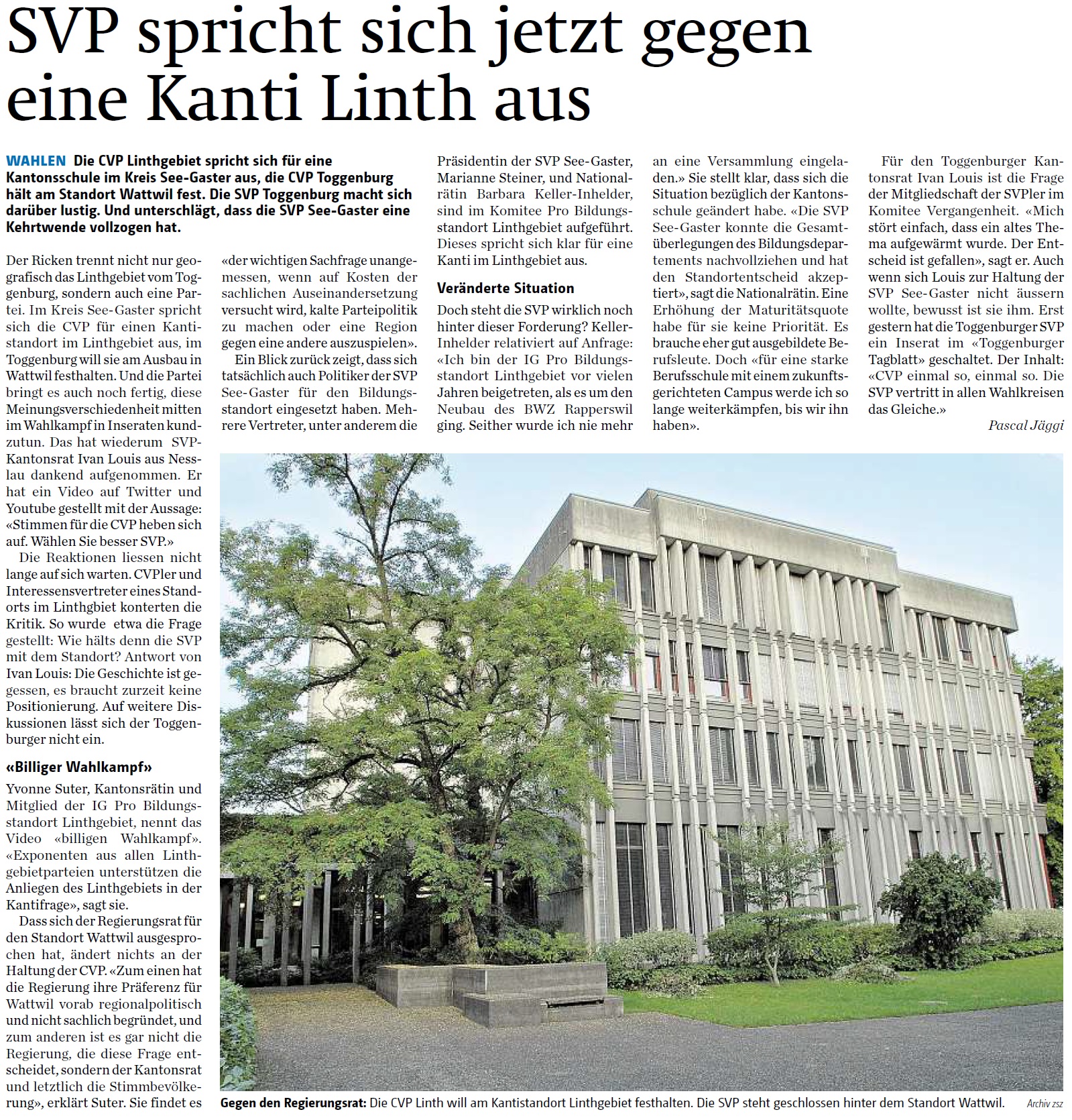 SVP spricht sich gegen eine Kanti Linth aus