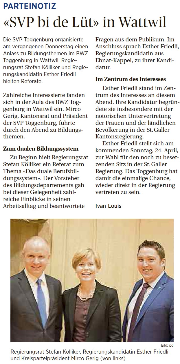 Esther Friedli als Toggenburger Vertretung in der Regierung